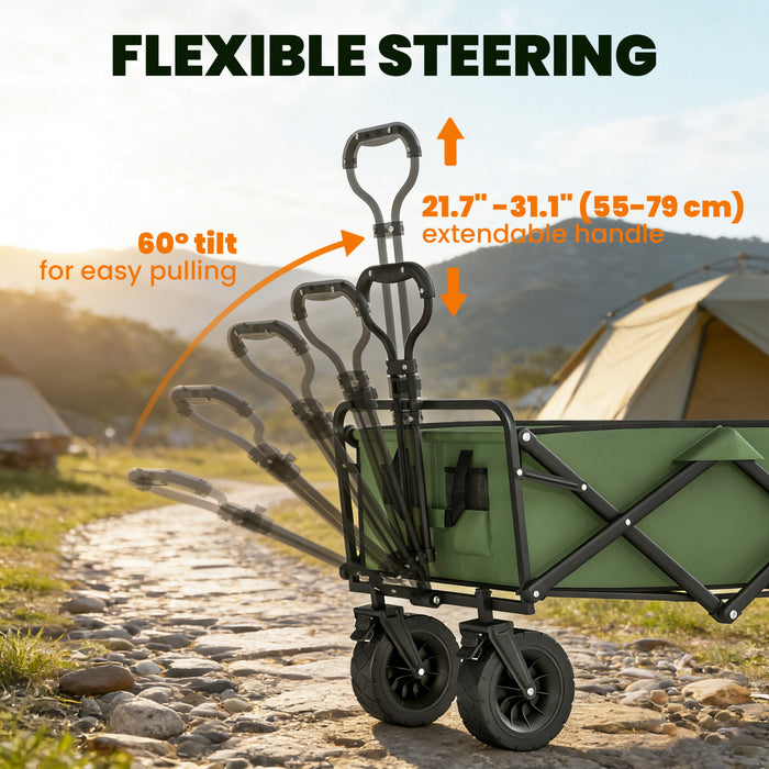 Outsunny 130L Folding Garden Cart with Wheels, Heavy-Duty Collapsible Wagon with Brakes, 550lbs Capacity, Adjustable Handle and Carry Bag for Camping, Garden, Beach, Green