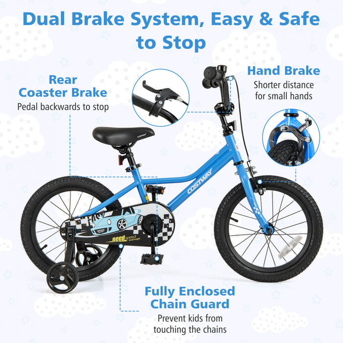 Costway 16\" Kids Training Bike With Removable Training Wheels Pneumatic Tires Navy