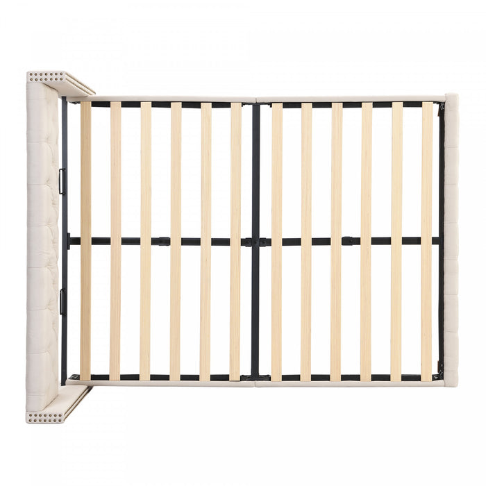 Haley Linen Upholstered Platform Bed with Classic Wingback Headboard and Diamond Tufted Upholstery,Queen Size,Beige Queen Bed