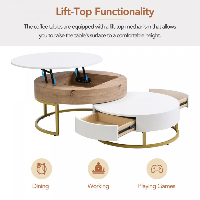 Sherry 31.5\" Round Engineered Wood Lift-top Nesting Coffee Table With Drawers, White