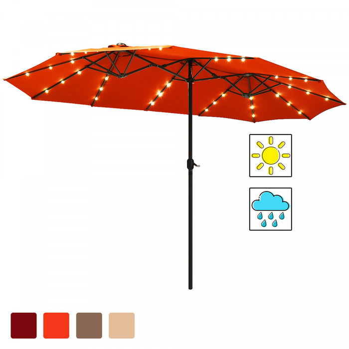 Costway 15Ft Patio Double-Sided LED Market Umbrella Crank Solar Powered Orange
