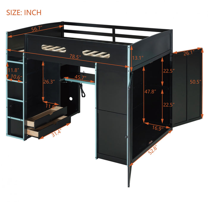 Jerry Wood Loft Bed with Desk and Storage,Full Size,Blue Full Bed