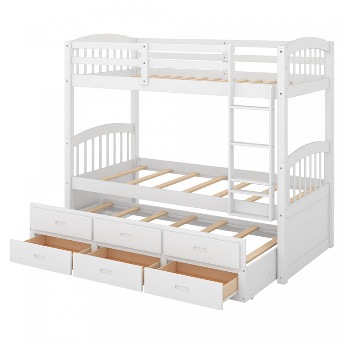 Sean Solid Wood Convertible Design Bunk Bed With Trundle And Drawers, Twin Size, White
