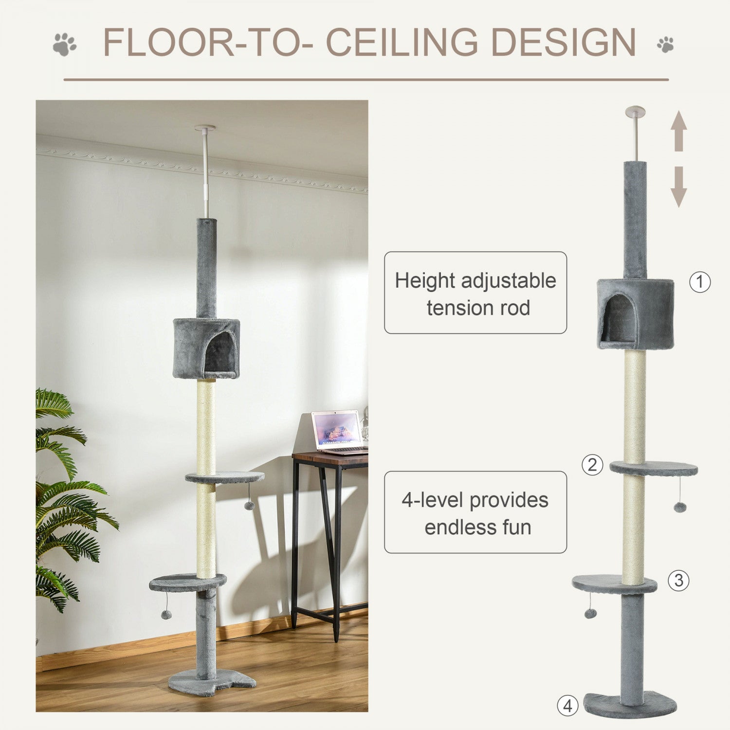 Pawhut 4 tier Floor To Ceiling Cat Tree Tall Cat Tower With Scratc. The Brick