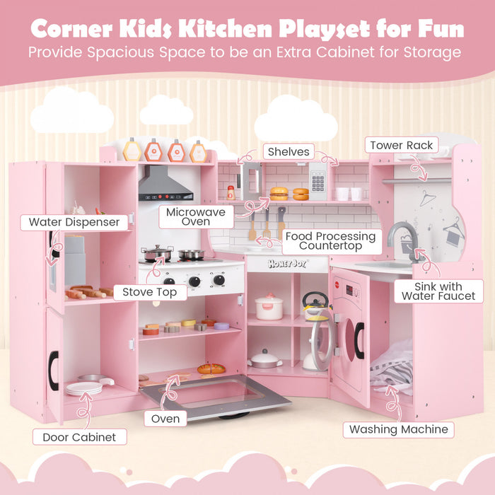 Honeyjou Corner Play Kitchen Toddler Kitchen Playset With Range Hood, Ice Maker, Microwave Pink