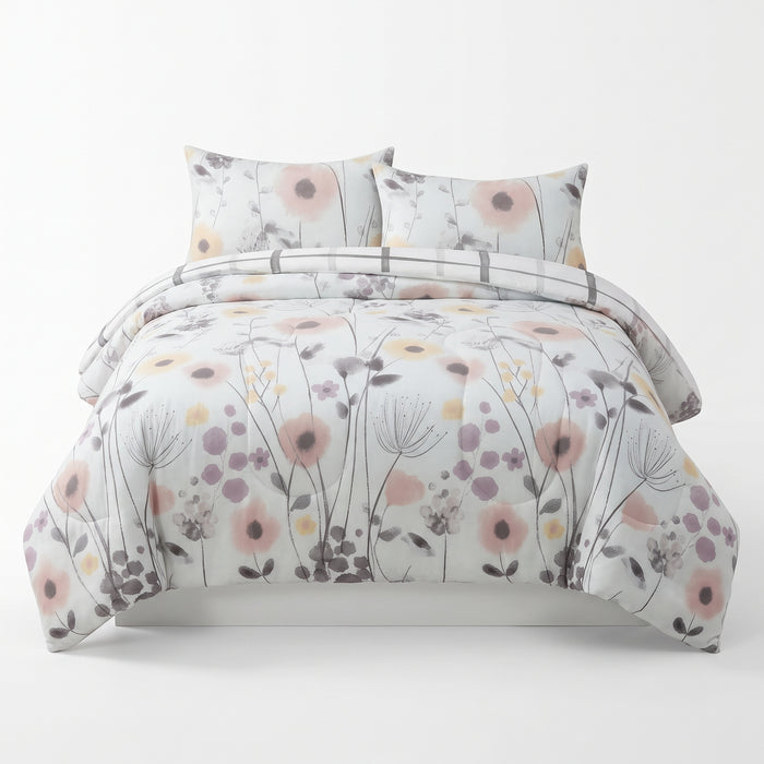Mirabelle Twin Comforter Set - Reversible Pink & Grey Watercolor Floral Bedding 