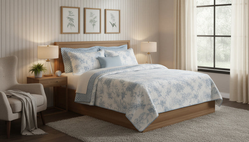 Reversible 3-Piece King Quilt Set, Blue & White Floral Microfiber Bedding