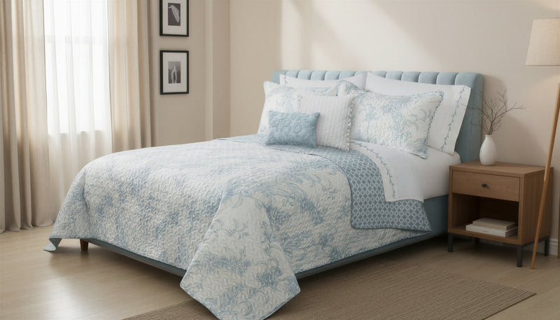Reversible 3-Piece King Quilt Set, Blue & White Floral Microfiber Bedding