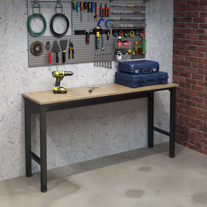 Manhattan Comfort Fortress 72.4\" Natural Wood & Steel Garage Table - Charcoal Grey