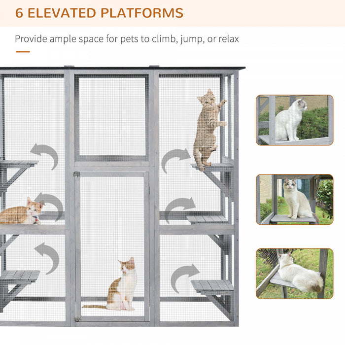 Pawhut Large Outdoor Catio Enclosure, Weatherproof Cat House With Asphalt Roof, Wooden Cat Patio Cage With 6 Balanced Platforms, 71\" X 39\" X 71\", Grey