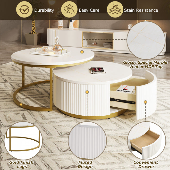 Sophia 27.6\" Modern Nesting Coffee Table With Storage Drawer, White