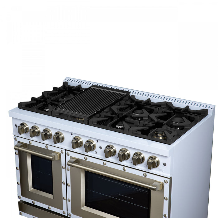 Forno Ambassador 48\" Dual Fuel Range, White, 8 Sealed Burners, 6.7 Cu.Ft. Ovens - FFSGS6199-48CPWHT