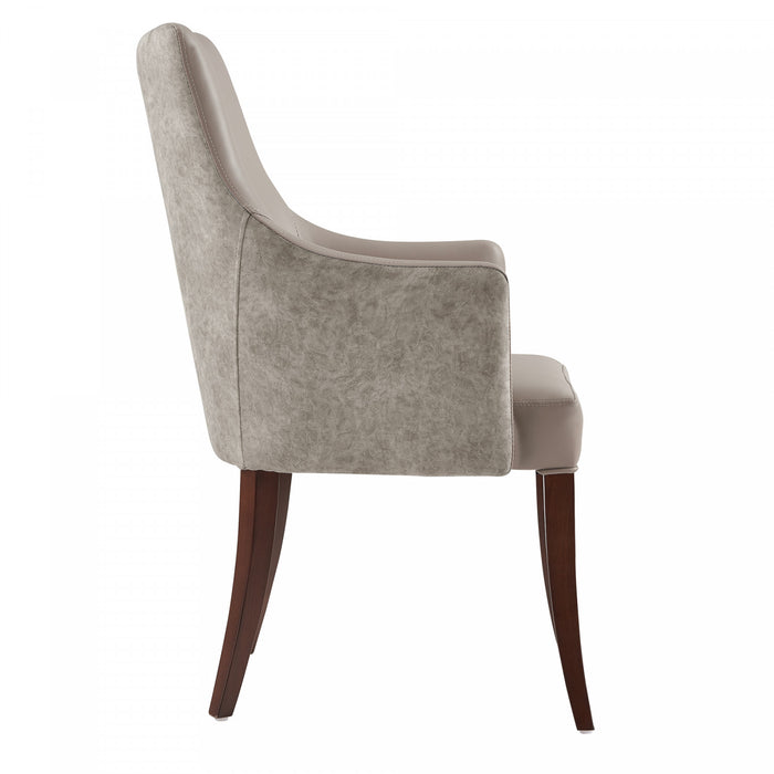 Connie Modern Wood Vegan Leather and Velvet Armchair in Taupe