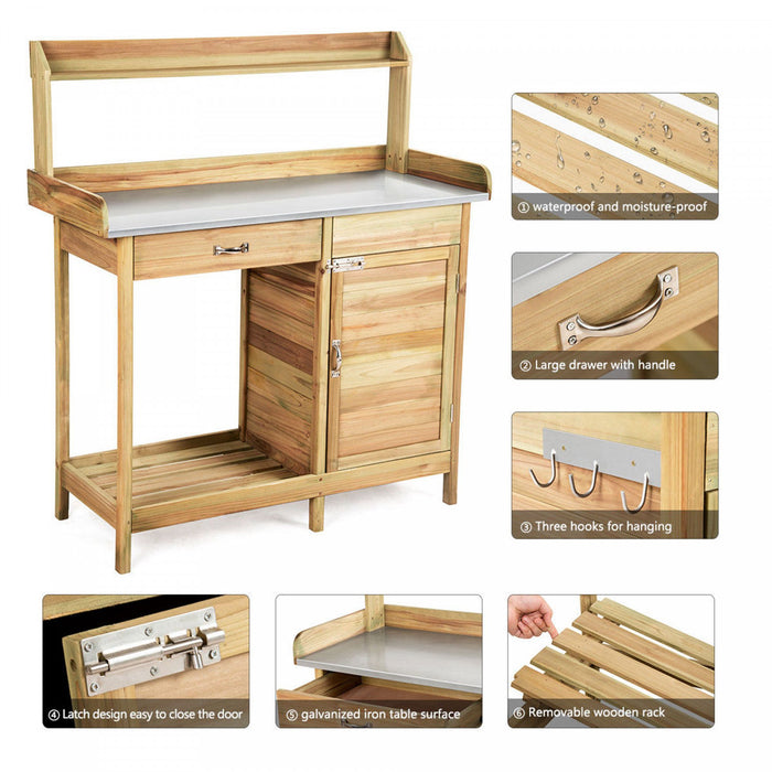 Costway Outdoor Potting Bench Garden Wooden Work Station Metal Tabletop Cabinet