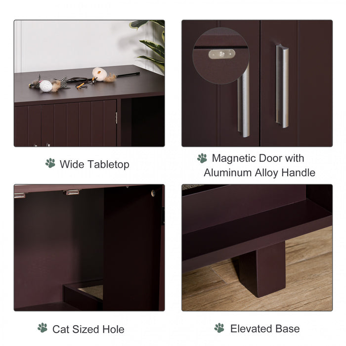Pawhut Wooden Cat Washroom Pet Litter Box Enclosure Kitten House Nightstand End Table With Scratcher Magnetic Doors Brown