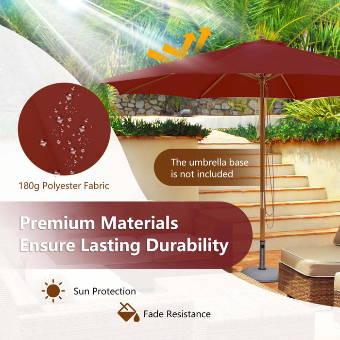 Costway 10FT Patio Wooden Market Table Umbrella Pulley with 8 Bamboo Ribs Sunshade Canopy Wine
