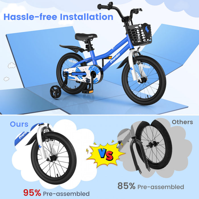 Costway 16\" Kid's Bike With Removable Training Wheels & Basket For 4-7 Years Old Blue