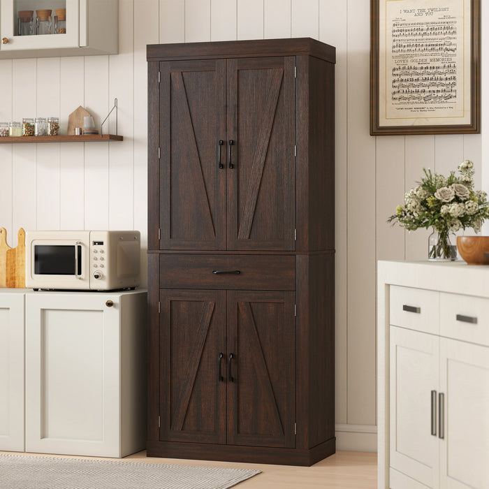 72\" Kitchen Pantry Cabinet, Kitchen Storage Cabinet with Barn Doors, Brown