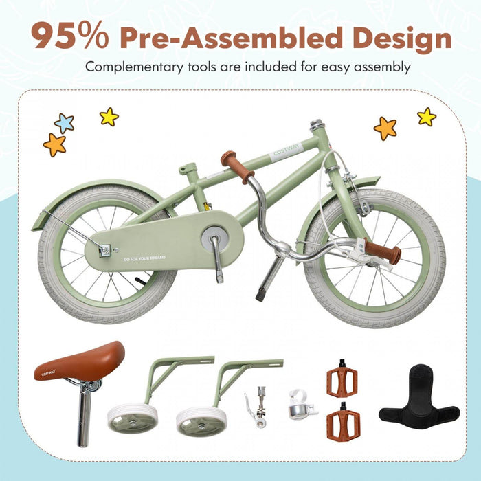 Costway 12\" Kids Bike With Adjustable Saddle Handlebar Removable Training Wheels Handbrake Green