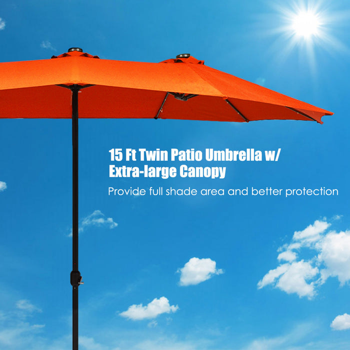 Costway 15Ft Patio Double-Sided LED Market Umbrella Crank Solar Powered Orange