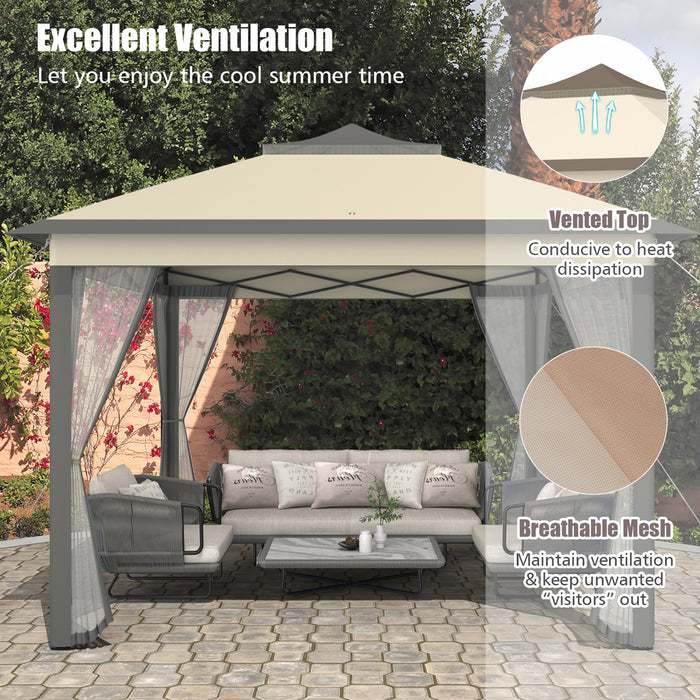 Costway 11'x11' 2-tier Pop-up Gazebo Tent Portable Canopy Shelter Carry Bag Mesh Brown