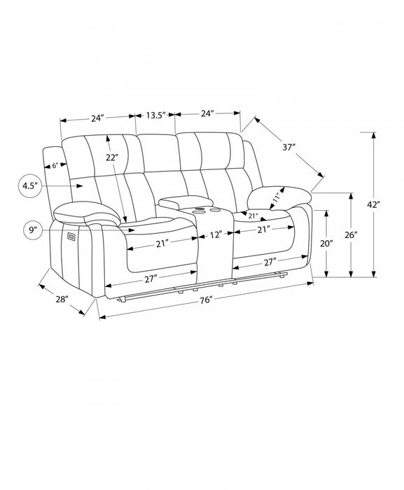 MONARCH SPECIALTIES 2-SEATER POWER RECLINING UPHOLSTERED LOVE SEAT, 76\" WIDE, LIGHT GREY FABRIC, TRANSITIONAL RECLINER