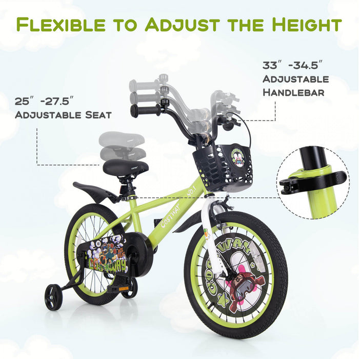 Costway 18\" Kid's Bike For 4-8 With Height-adjustable Handlebar & Saddle Handbrake Green