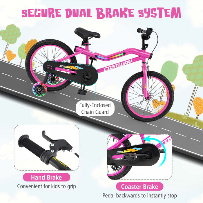 Costway 18\" Led Lighted Kids Bike With Adjustable Seat Coaster Brake Training Wheels Pink