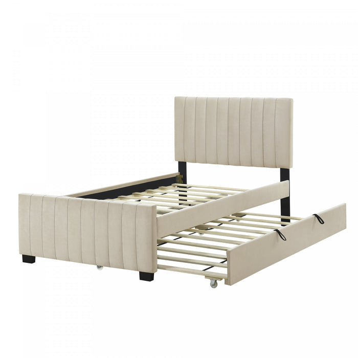 Ethan Space-Saving Velvet Upholstered Platform Bed with Trundle,Twin Size,Beige Twin Bed