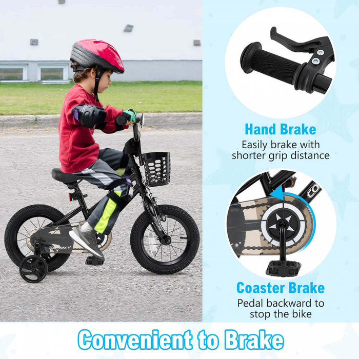 Costway 12\" Kid's Bike With Training Wheels Adjustable Handlebar & Seat Handbrake Black
