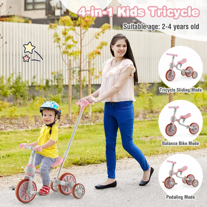 Costway 4 In 1 Kids Tricycles With Push Handle & Training Wheels Baby Balance Bike Pink