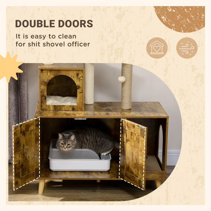 Pawhut Litter Box Enclosure With Cat Tree Tower, Hidden Cat Washroom Furniture With Condo, Scratching Posts, Large Platform, Hammock And Soft Cushion, Rustic Brown