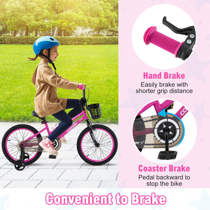 Costway 16\" Kid's Bike With Training Wheels Adjustable Handlebar & Seat Handbrake Pink