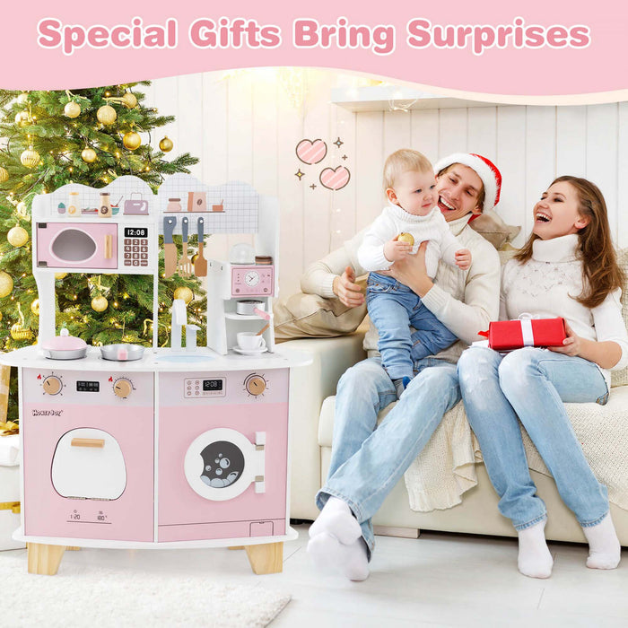 Costway Wooden Kids Kitchen Playset Pretend Play Kitchen With Coffee Maker & Microwave