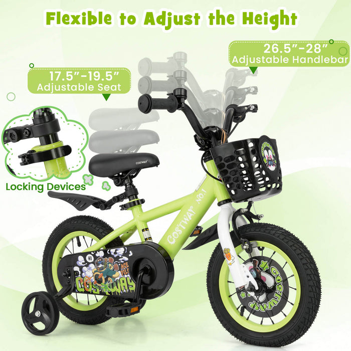 Costway 12\" Kid's Bike For 3-4 With Height-adjustable Handlebar & Saddle Handbrake Green