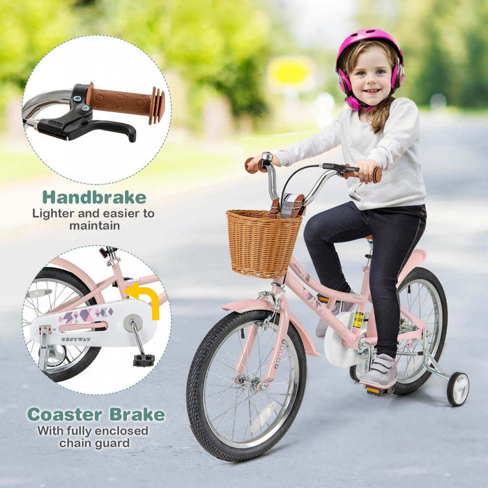 Costway 18\" Kids Bike With Height Adjustable Handlebar Seat Basket Bell Training Wheels Pink