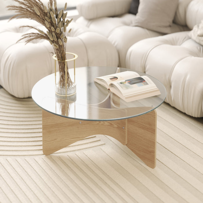 Umbra Modern Round Solid Wood Madera Coffee Table with Glass Top - Natural