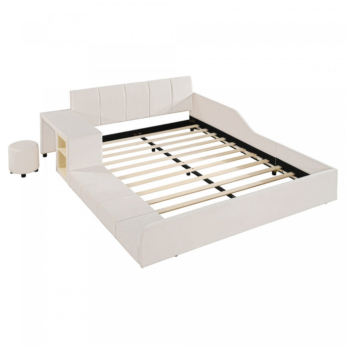 Lily Velvet Upholstered Grounded Bed with Desk and Stool,Full Size,Beige Full Bed