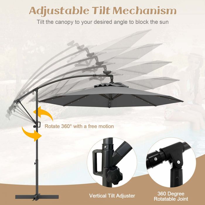 Costway 10FT Patio Offset Umbrella Sun Shade Solar Powered LED 360° Rotation Gray