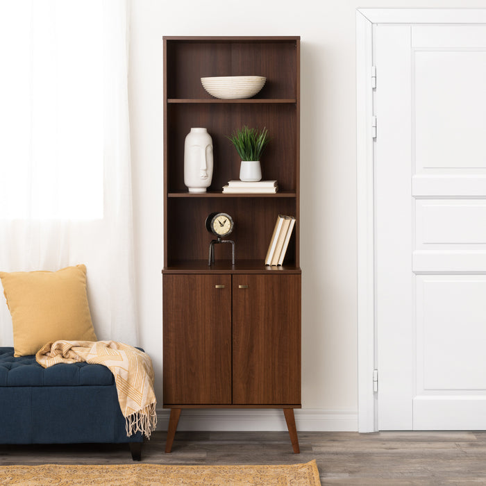 Milo Mid-Century Modern Tall Bookcase with Adjustable Shelves, 2 Doors & Brushed Brass-Finished Knobs - Cherry