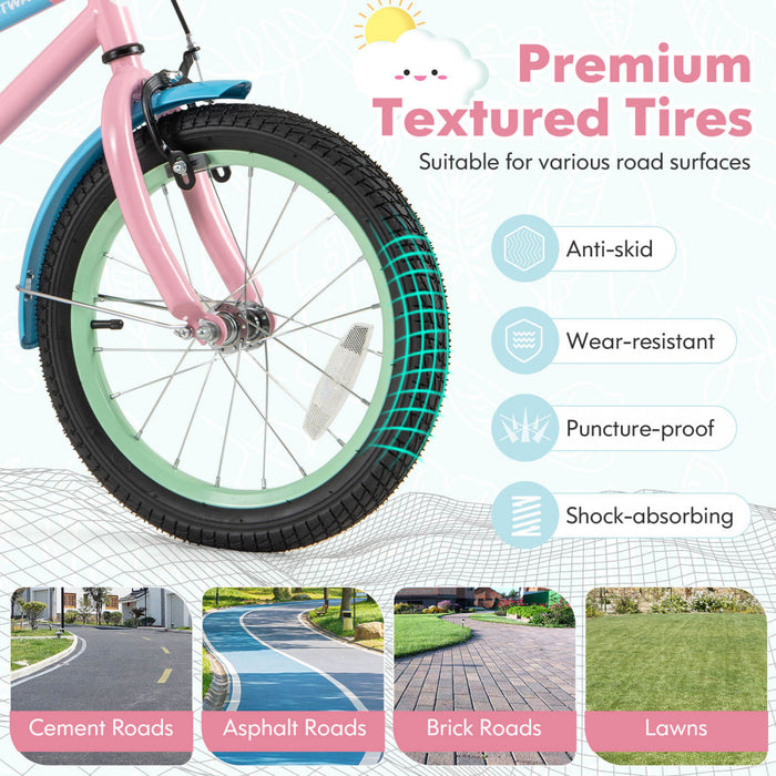 Costway 16\" Kids Bike With Adjustable Saddle Handlebar Removable Training Wheels Handbrake Pink