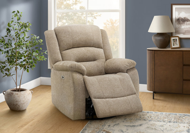 Large Upholstered Power Reclining Chair, Usb Ports Included, Beige Fabric, Transitional Recliner