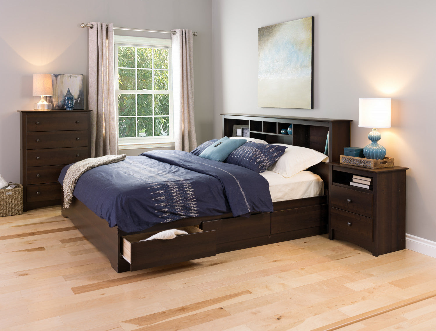 King bed with bookshelf headboard sales