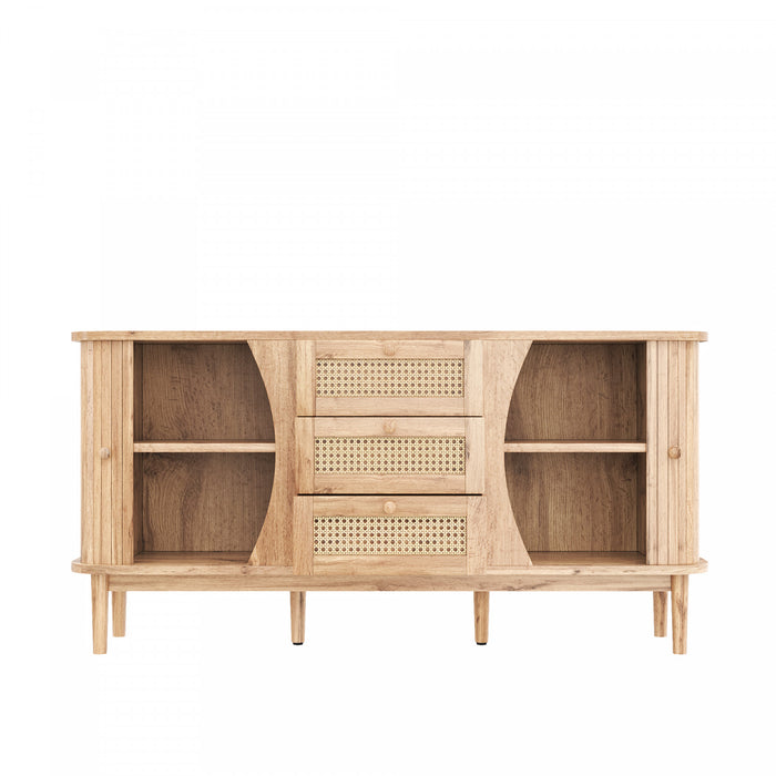 James 55.3\" Modern Minimalist Wood Cabinet with Sliding Doors and Adjustable Shelves,Natural Accent Cabinet
