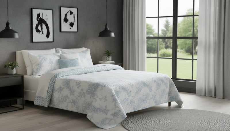 Reversible 3-Piece King Quilt Set, Blue & White Floral Microfiber Bedding