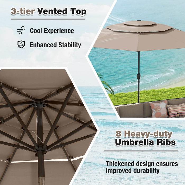 Costway 10 ft 3-tier Vented Patio Umbrella Large Market Table Umbrella Outdoor Sun Shade Brown