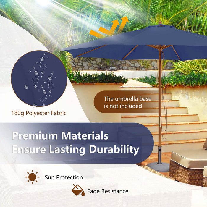Costway 10FT Patio Wooden Market Table Umbrella Pulley with 8 Bamboo Ribs Sunshade Canopy Navy