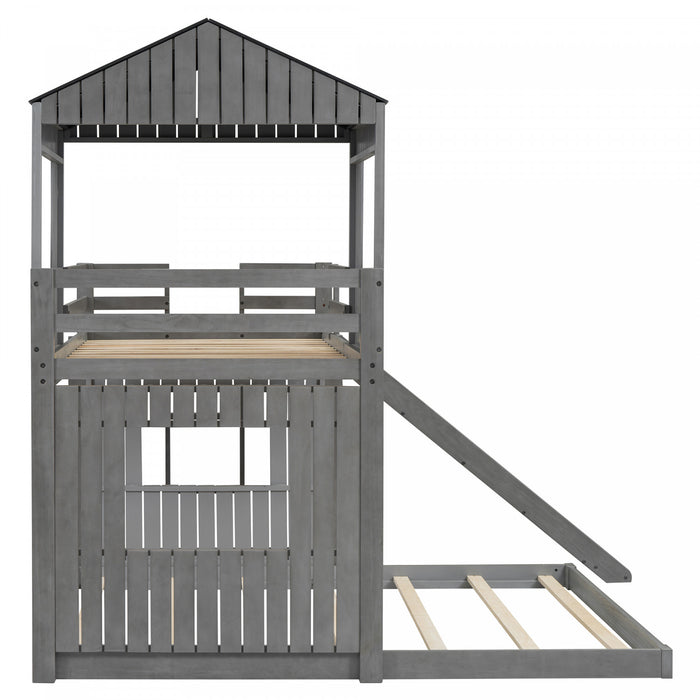 Marico Twin Over Solid Wood Full Bunk Bed With Slide, Playhouse Design, Antique Grey