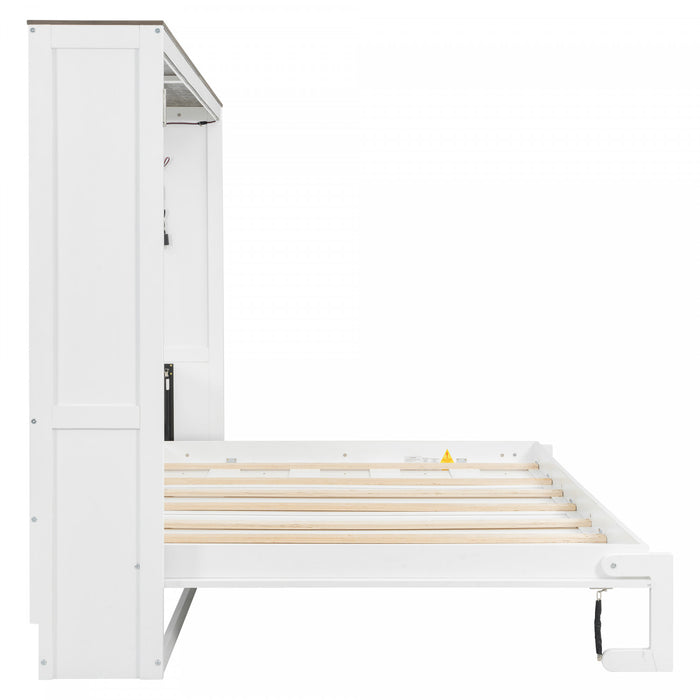 Olivia Solid Wood Murphy Bed with LED Light and Foldable Cabinet,Full Size,White Full Bed