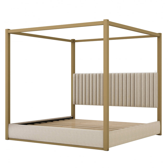 Sophia Upholstery Canopy Platform Bed with Foam Headboard and Velvet,King Size,Beige King Bed